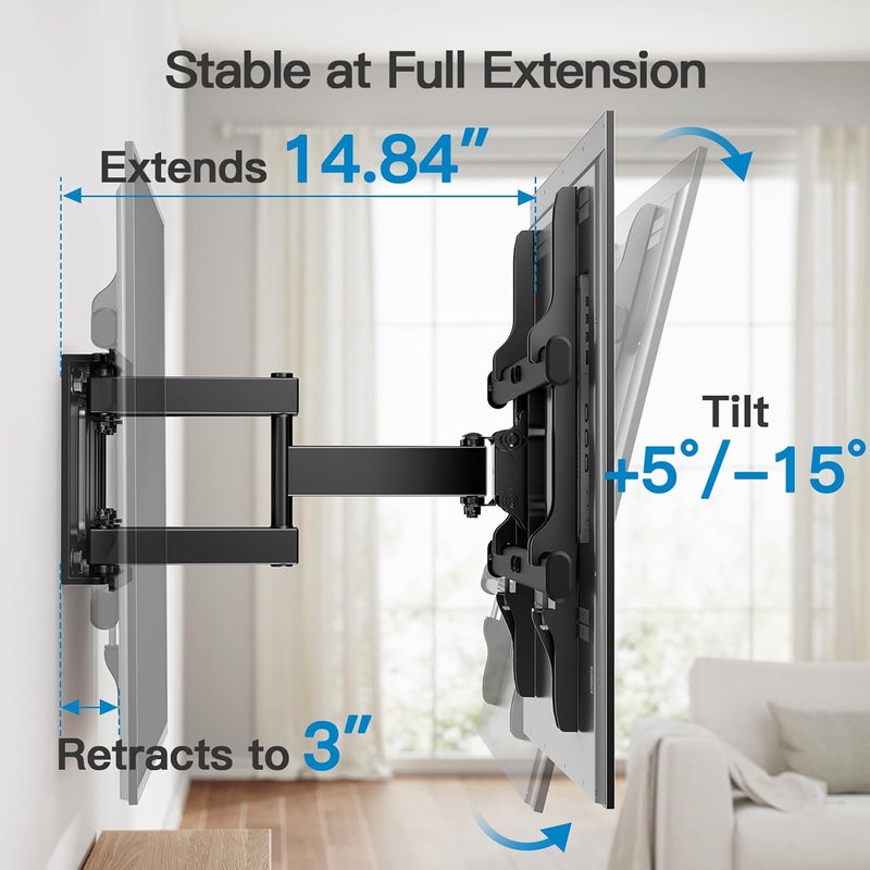 Pipishell Full Motion TV Wall Mount for Most 37-84 Inch TVs up to 132lbs, Wall Mount TV Bracket Articulating Swivel Tilt Extension Leveling Max VESA 600x400mm Fits 12/16" Wood Stud, PILFK1 - Image 5